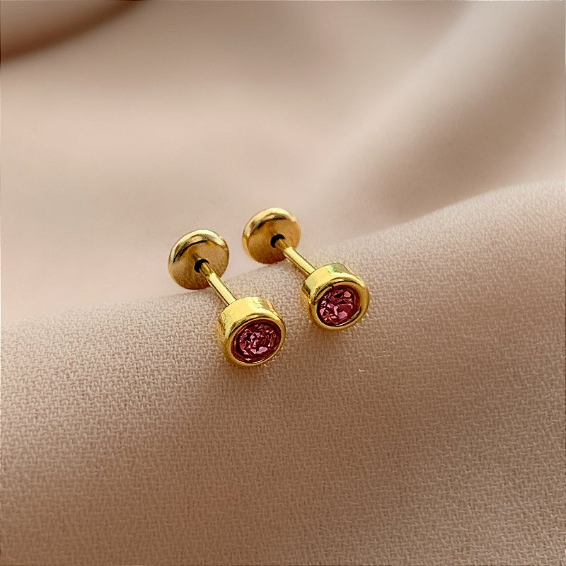 BRINCO PONTO DE LUZ ROSA TARRAXA BABY FOLHEADO A OURO 18K⭐