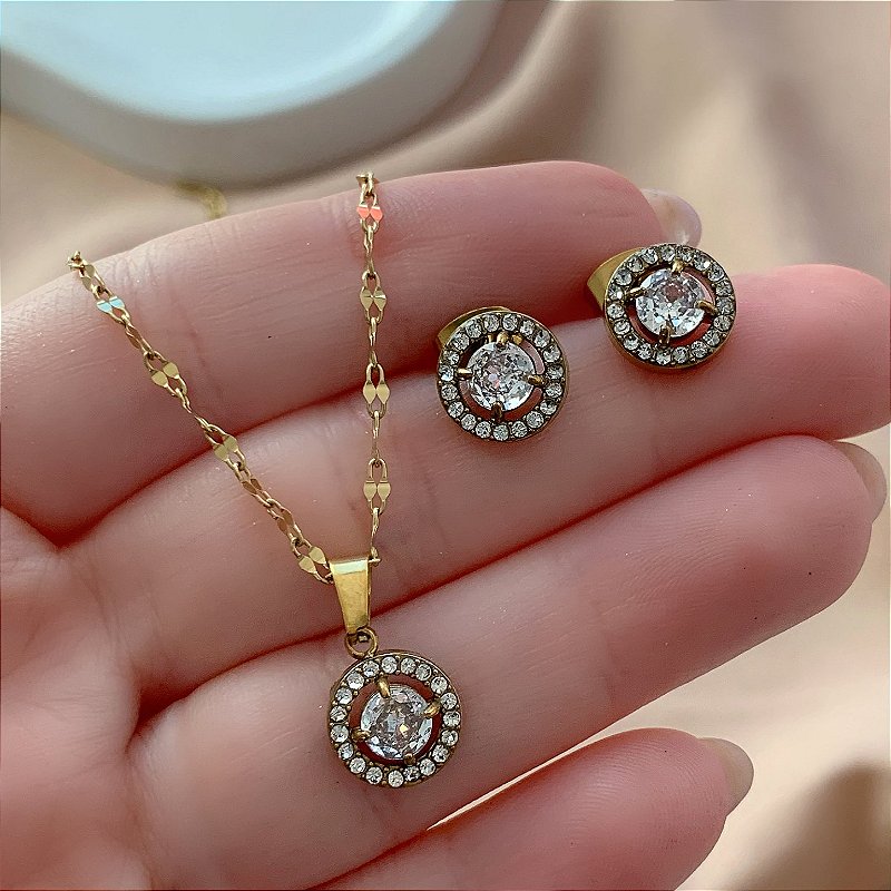 COLAR E BRINCO KIT ZIRCÔNIA REDONDA COM BORDA CRAVEJADA DOURADO AÇO 316L⭐️(GRUPO 1)