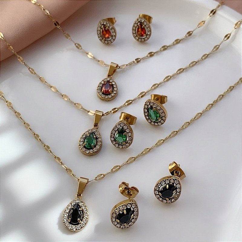 COLAR E BRINCO KIT ZIRCÔNIA GOTA COM BORDA CRAVEJADA DOURADO AÇO 316L⭐️(GRUPO 2)