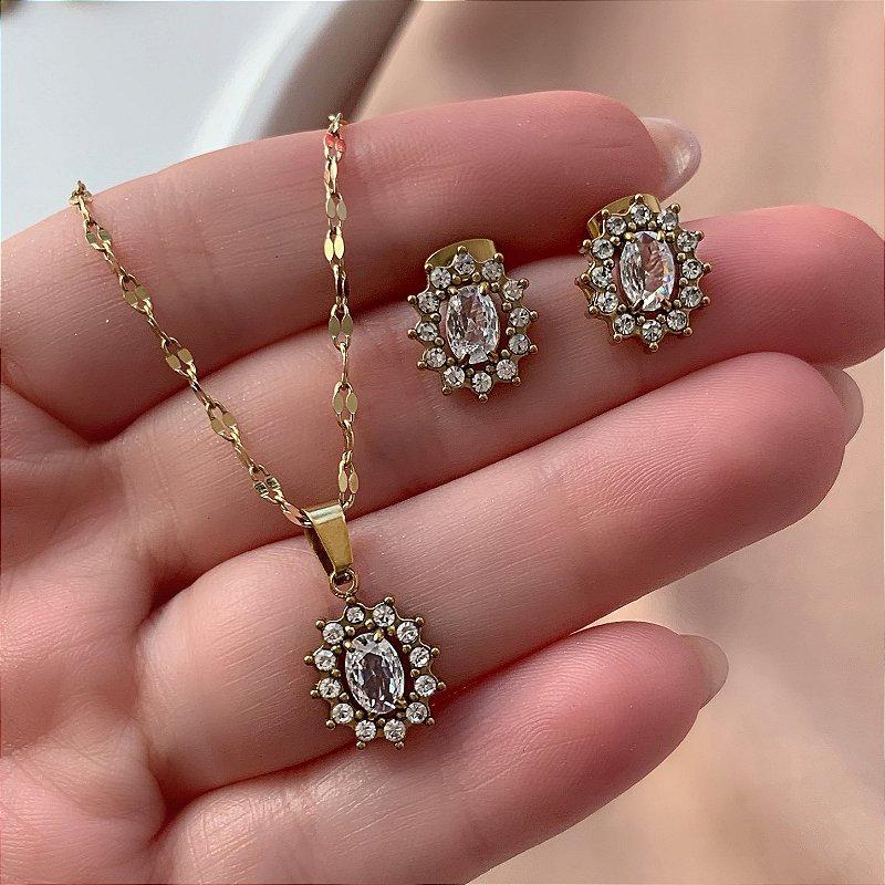 COLAR E BRINCO KIT ZIRCÔNIA GOTA COM BORDA CRAVEJADA DOURADO AÇO 316L⭐️(GRUPO 1)