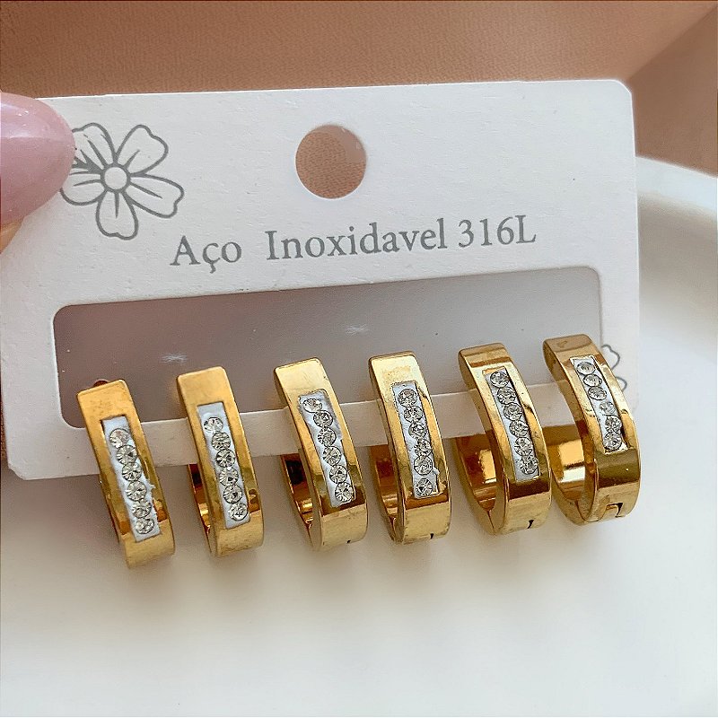 BRINCO KIT ARGOLAS FIO ACHATADO OVAL ZIRCÔNIAS DOURADO AÇO 316L⭐️