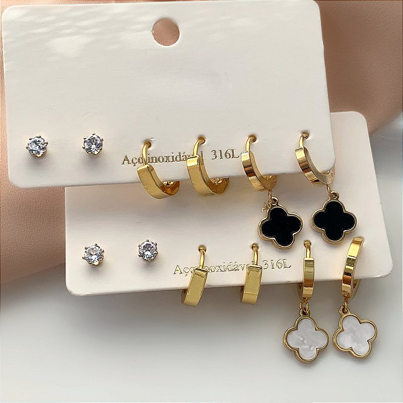 BRINCO KIT ARGOLINHA, PONTO DE LUZ E TREVO ESMALTADO DOURADO AÇO 316L⭐️
