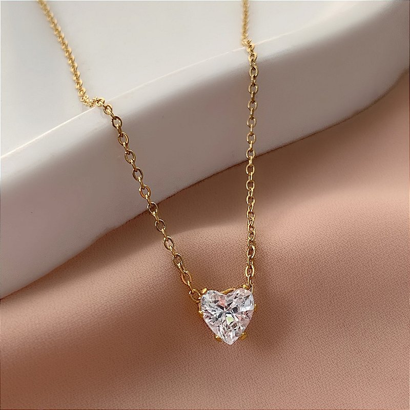 COLAR CORAÇÃO EM ZIRCÔNIA DOURADO AÇO 316L⭐️