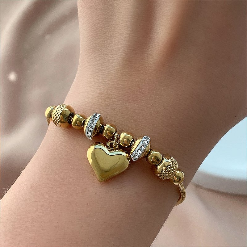 PULSEIRA ESTILO PANDORA CORAÇÃO BOLEADO E ZIRCÔNIA DOURADO AÇO 316L⭐️