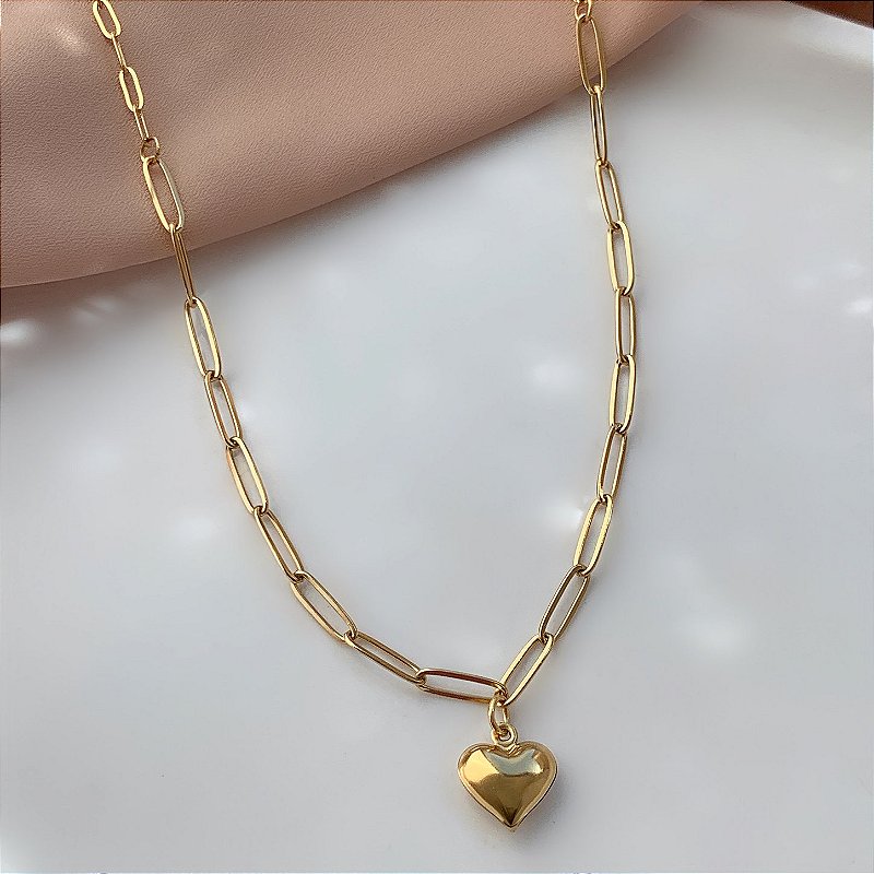 COLAR CORRENTE CARTIER PINGENTE CORAÇÃO BOLEADO DOURADO AÇO 316L⭐️