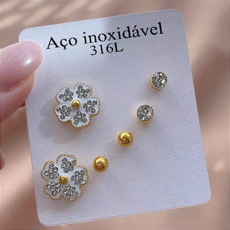 BRINCO KIT FLOR ZIRCÔNIA DOURADO AÇO 316L⭐️