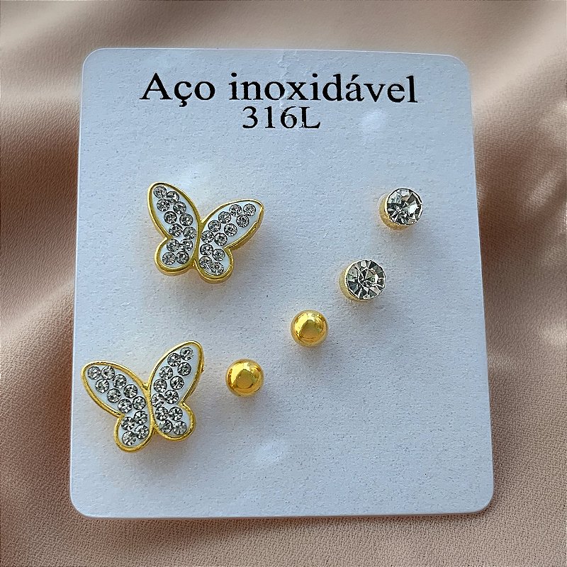 BRINCO KIT BORBOLETA ZIRCÔNIA DOURADO AÇO 316L⭐️