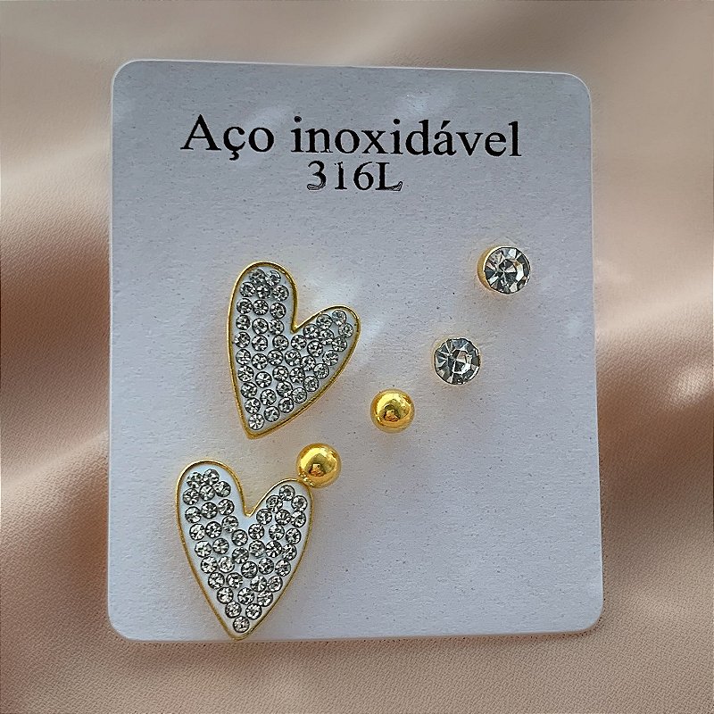 BRINCO KIT CORAÇÃO ZIRCÔNIA DOURADO AÇO 316L⭐️