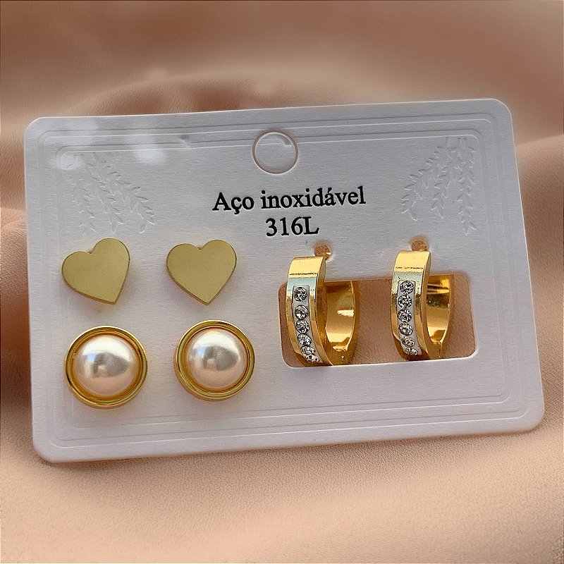 BRINCO KIT CORAÇÃO, ARGOLA E PÉROLA DOURADO AÇO 316L⭐️