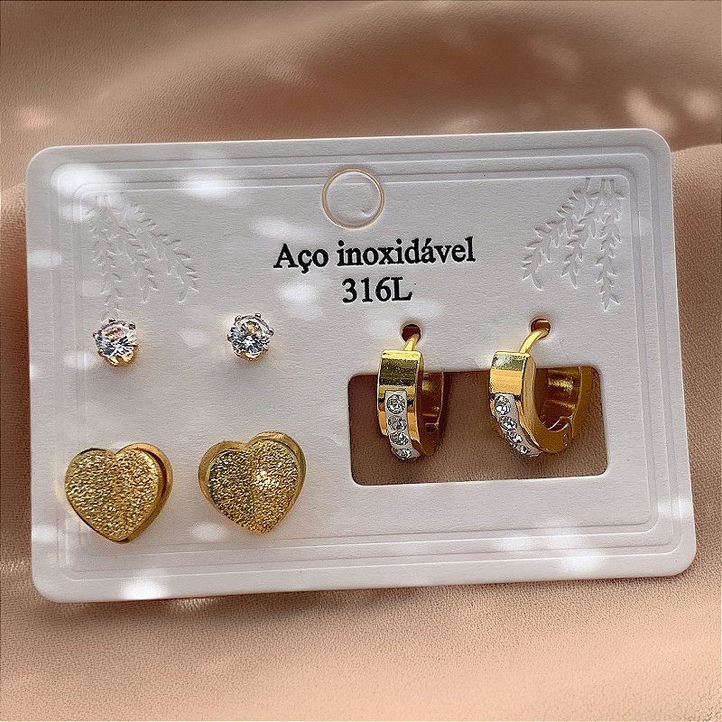 BRINCO KIT CORAÇÃO JATEADO, ZIRCÔNIA E ARGOLA DOURADO AÇO 316L⭐️