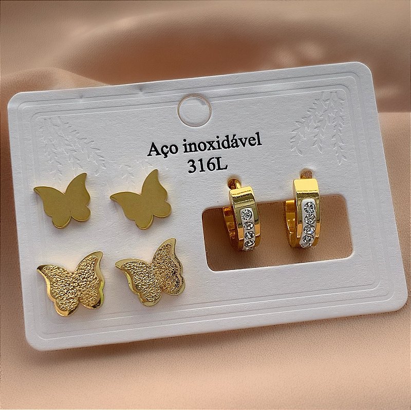 BRINCO KIT BORBOLETAS E ARGOLA DOURADO AÇO 316L⭐️