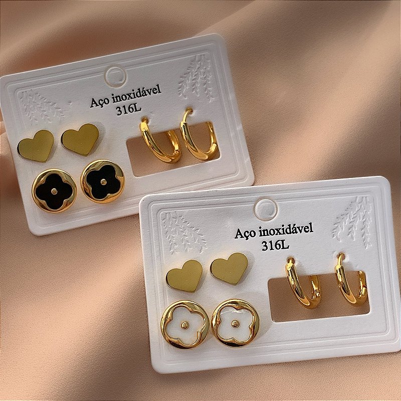 BRINCO KIT CORAÇÃO E TREVO ESMALTADO DOURADO AÇO 316L⭐️