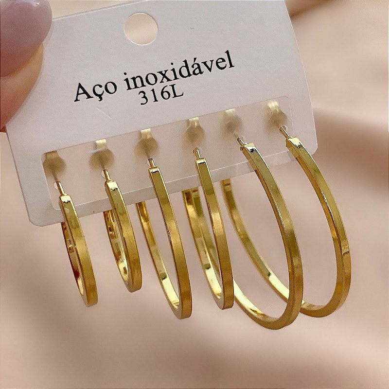 BRINCO KIT ARGOLAS FIO QUADRADO DOURADO AÇO 316L⭐️
