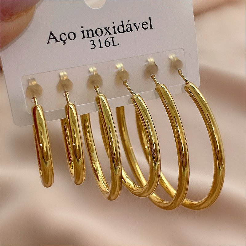 BRINCO KIT ARGOLAS FIO BOLEADAS GROSSA DOURADO AÇO 316L⭐️