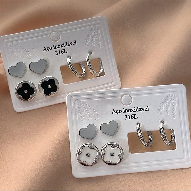 BRINCO KIT CORAÇÃO E TREVO ESMALTADO AÇO 316L⭐️