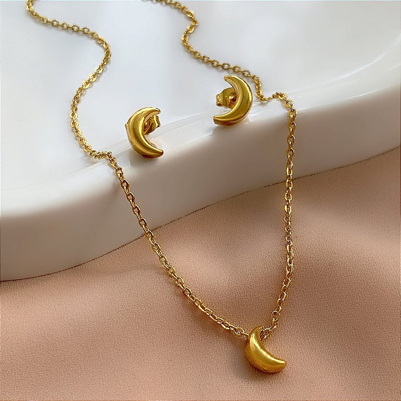 COLAR E BRINCO KIT LUA BOLEADA DOURADO AÇO 316L⭐️