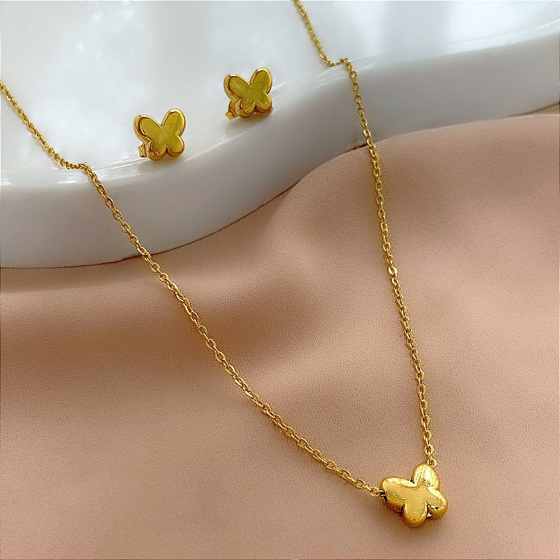 COLAR E BRINCO KIT BORBOLETA BOLEADA DOURADO AÇO 316L⭐️