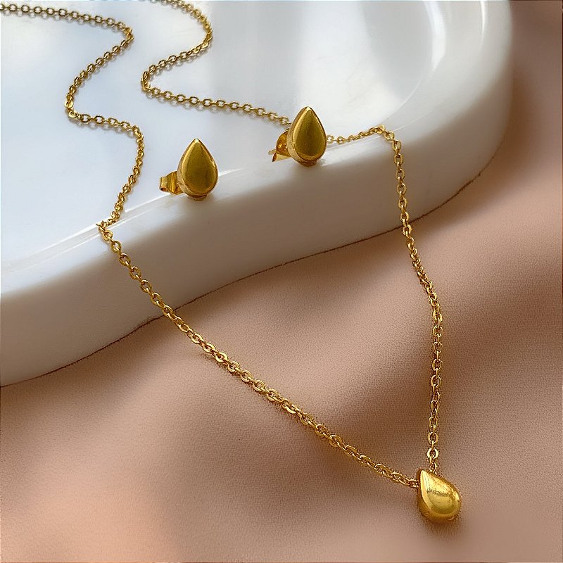 COLAR E BRINCO KIT GOTA BOLEADA DOURADO AÇO 316L⭐️