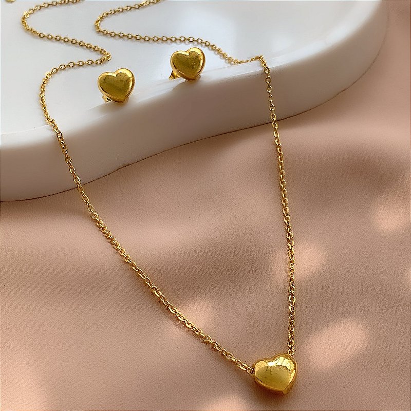 COLAR E BRINCO KIT CORAÇÃO BOLEADO DOURADO AÇO 316L⭐️