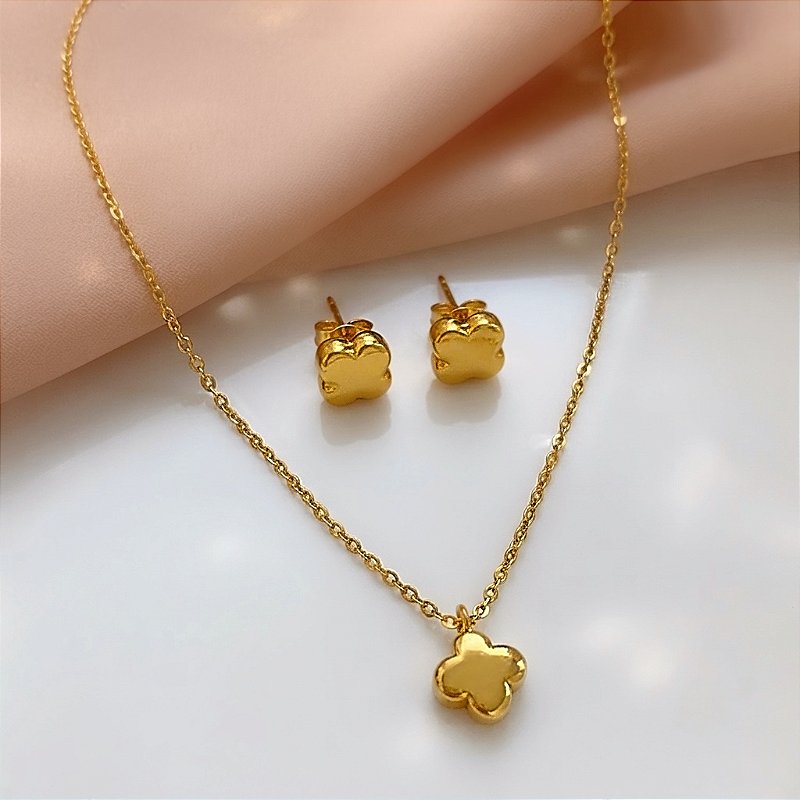 COLAR E BRINCO KIT TREVO BOLEADO DOURADO AÇO 316L⭐️