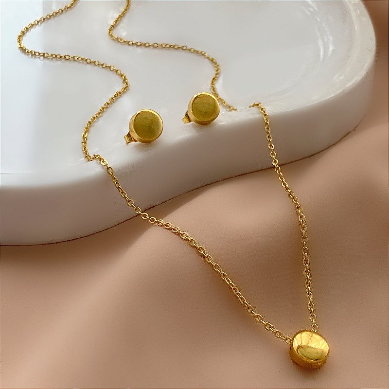 COLAR E BRINCO KIT REDONDO BOLEADO DOURADO AÇO 316L⭐️