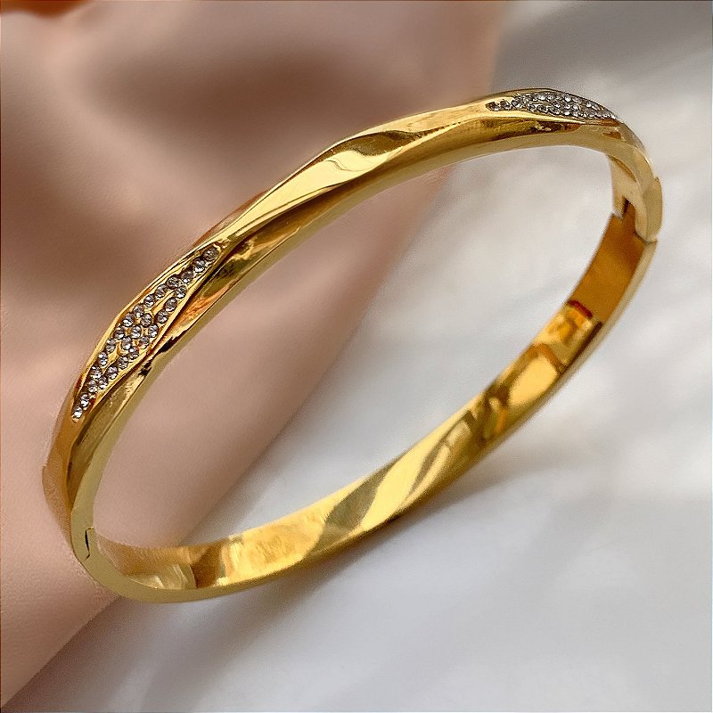 PULSEIRA / BRACELETE FIO CHANFRADO COM STRASS DOURADO AÇO 316L⭐️