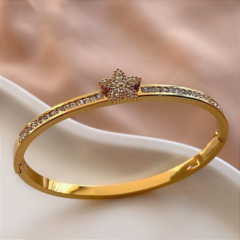 PULSEIRA / BRACELETE FLOR E RIVIERAS DOURADO AÇO 316L⭐️