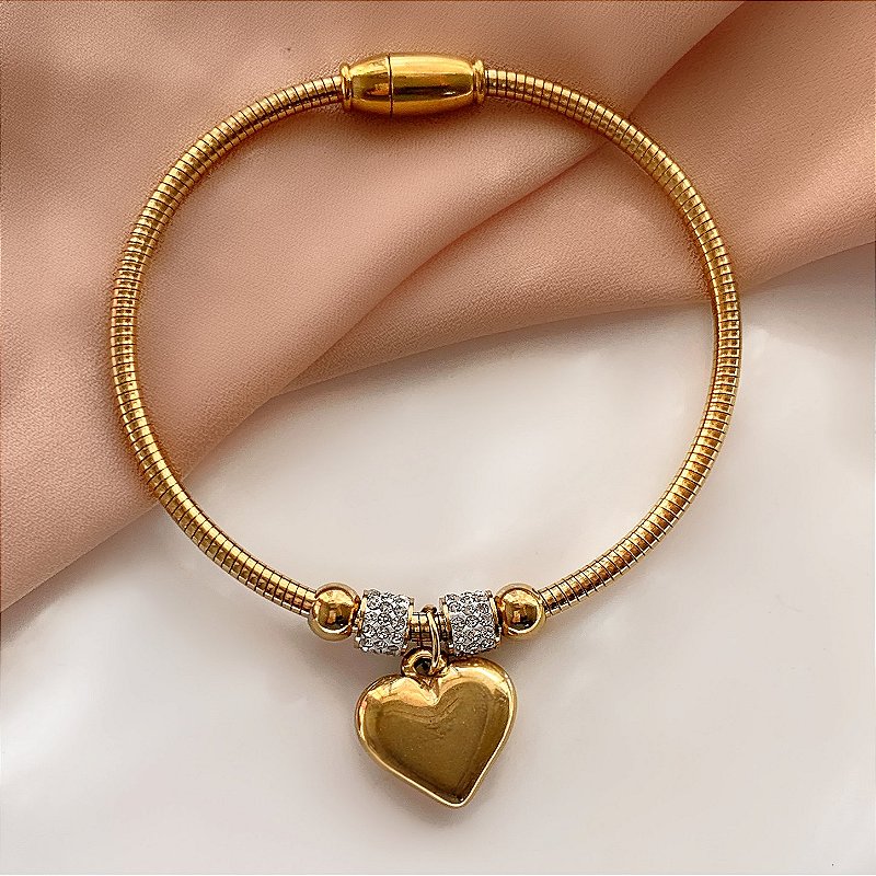 PULSEIRA / BRACELETE ARO PINGENTE CORAÇÃO DOURADO AÇO 316L⭐️