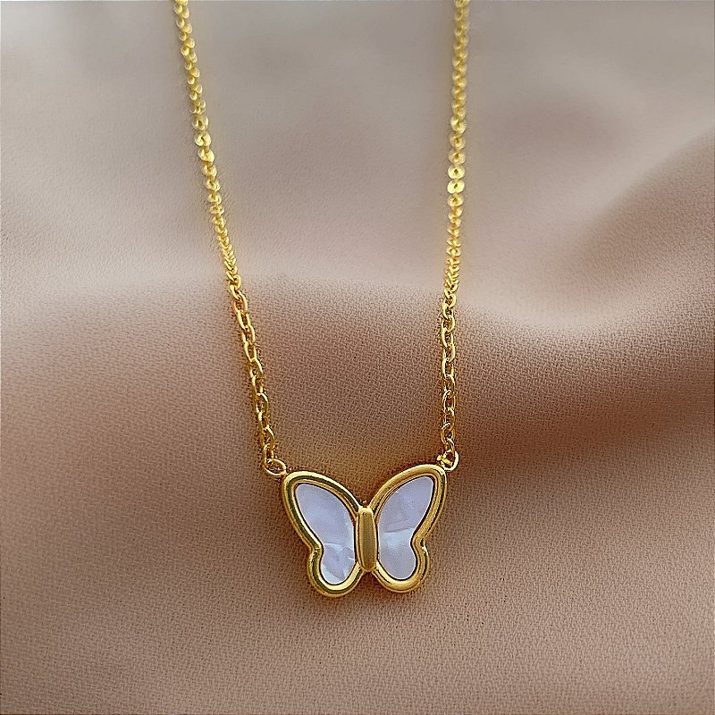COLAR BORBOLETA COM MADREPÉROLA DOURADO AÇO 316L⭐️