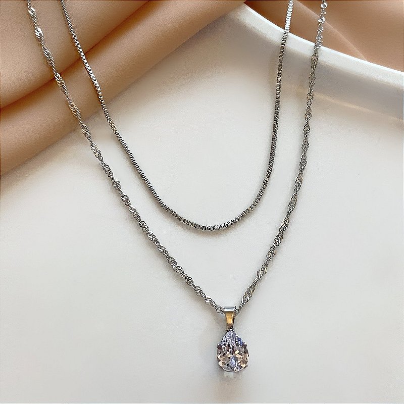 COLAR CORRENTE DUPLA PINGENTE GOTA ZIRCÔNIA AÇO 316L⭐️