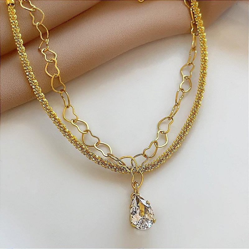 PULSEIRA CORRENTE DUPLA CORAÇÕES PINGENTE GOTA ZIRCÔNIA DOURADO AÇO 316L⭐️