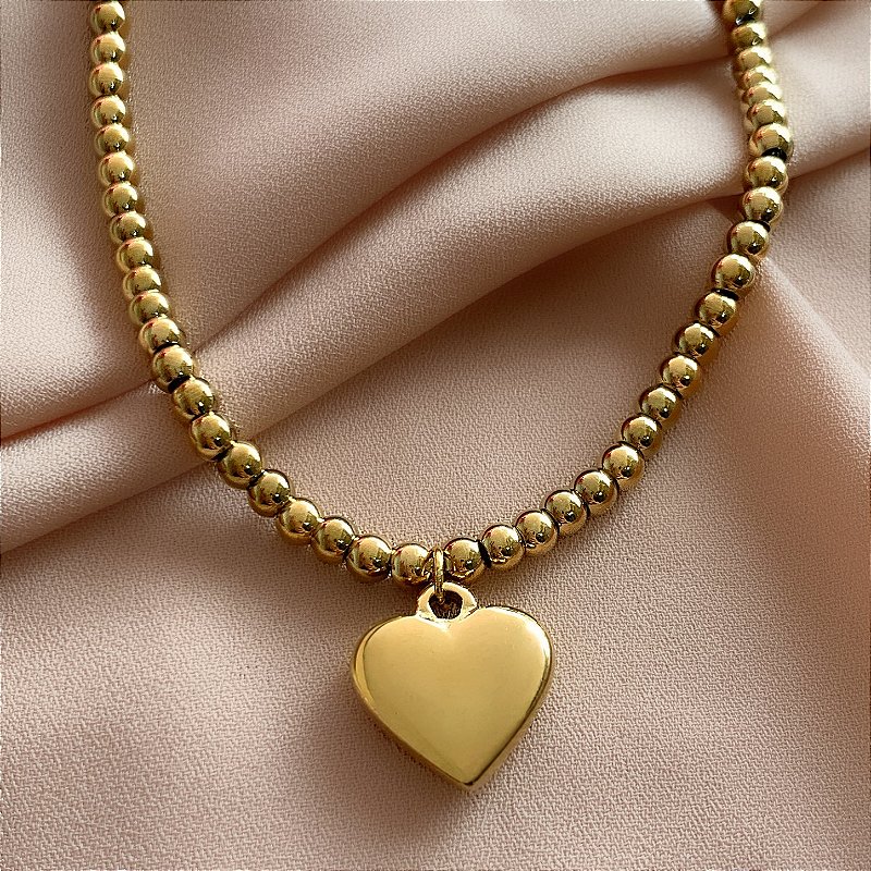 COLAR BOLINHAS E PINGENTE CORAÇÃO DOURADO AÇO 316L⭐️