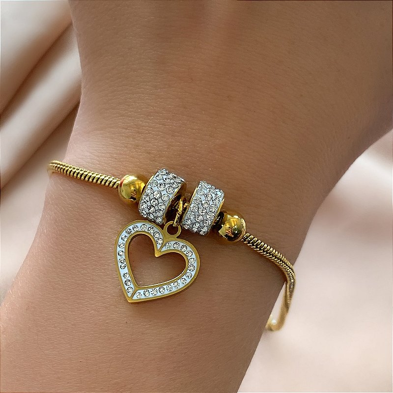 PULSEIRA CORRENTE BOLEADA PINGENTE CORAÇÃO E BERLOQUES ZIRCÔNIAS DOURADO AÇO 316L⭐️