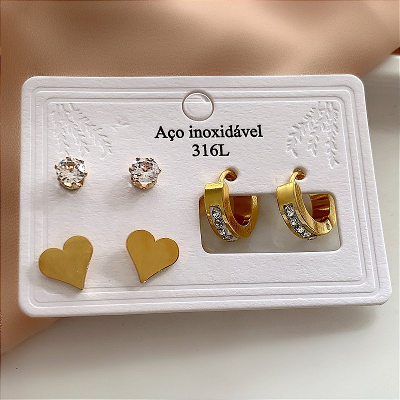 BRINCO KIT CORAÇÃO, ARGOLA E ZIRCÔNIA DOURADO AÇO 316L⭐️