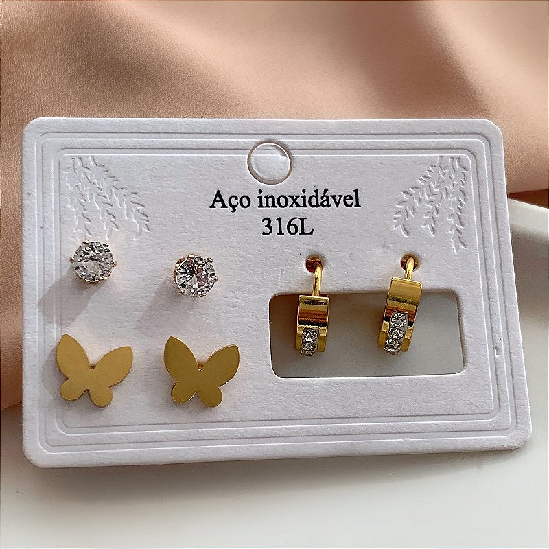 BRINCO KIT BORBOLETA, ARGOLA E ZIRCÔNIA DOURADO AÇO 316L⭐️
