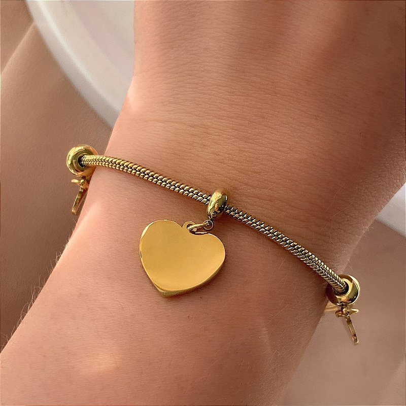 PULSEIRA CORRENTE RABO DE RATO COM CORAÇÕES LISOS DOURADO AÇO 316L⭐️