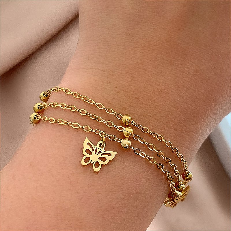 PULSEIRA CORRENTE TRIPLA BOLINHAS E BORBOLETAS DOURADO AÇO 316L⭐️