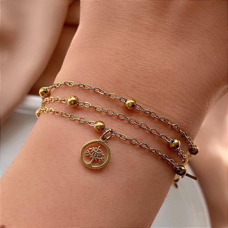 PULSEIRA CORRENTE TRIPLA BOLINHAS E ÁRVORE DA VIDA DOURADO AÇO 316L⭐️