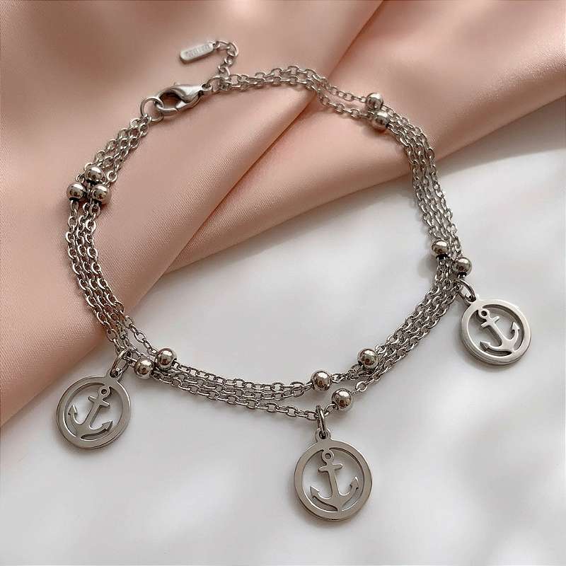 PULSEIRA CORRENTE TRIPLA BOLINHAS E ÂNCORA AÇO 316L⭐️