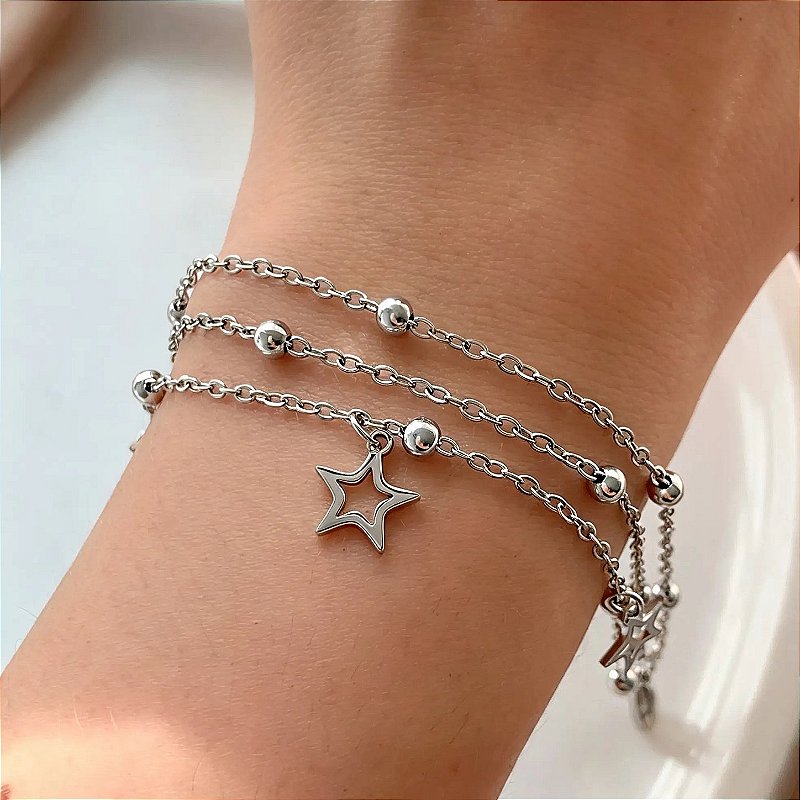 PULSEIRA CORRENTE TRIPLA BOLINHAS E ESTRELAS AÇO 316L⭐️