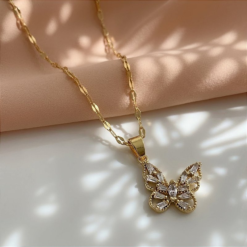 COLAR LONGO PINGENTE BORBOLETA ZIRCÔNIAS DOURADO AÇO 316L⭐️