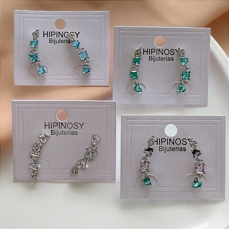 BRINCO EAR CUFF DELICADO CORAÇÃO E QUADRADO ZIRCÔNIAS COLOR PRATEADO BIJU