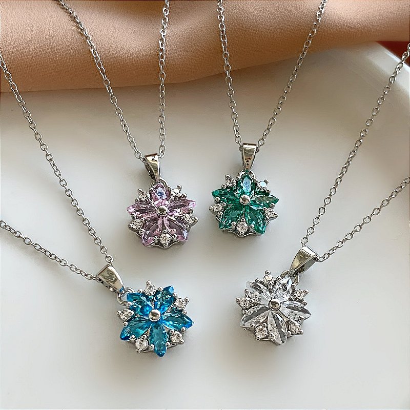 COLAR PINGENTE FLOR DETALHADA PEDRA ZIRCÔNIA COLOR AÇO 316L⭐️