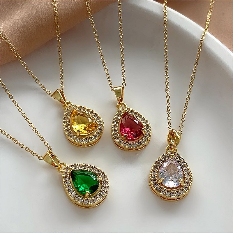 COLAR PINGENTE GOTA PEDRA ZIRCÔNIA COLOR DOURADO AÇO 316L⭐️