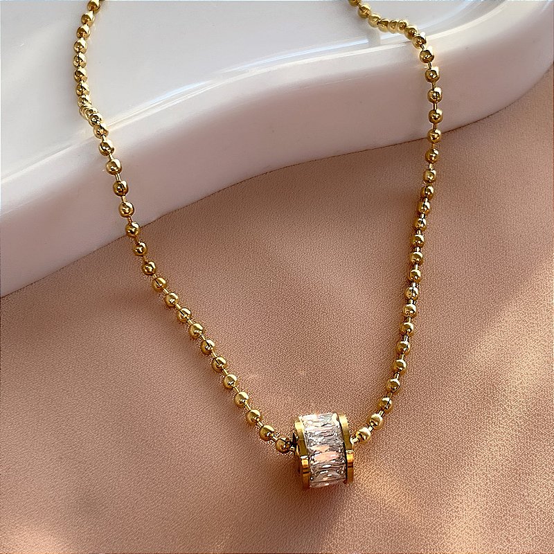 COLAR CORRENTE BOLINHAS PINGENTE RODA DE RIVIERA DOURADO AÇO 316L⭐️