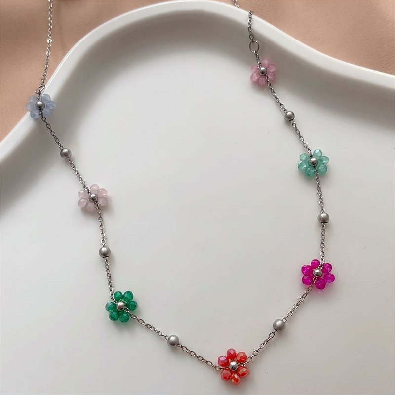 COLAR MINI FLORES DE CRISTAIS COLORIDOS AÇO 316L⭐️