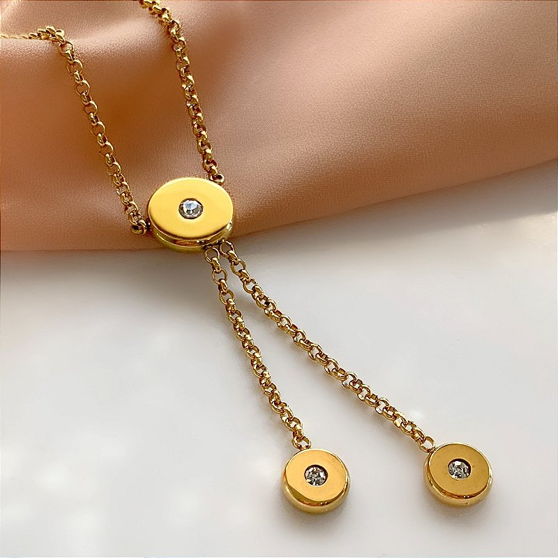 COLAR ELO PORTUGUÊS BOLINHA ACHATADA PENDENDE ZIRCÔNIA DOURADO AÇO 316L⭐️