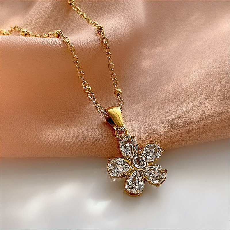 COLAR CORRENTE BOLINHAS PINGENTE FLOR ZIRCÔNIA DOURADO AÇO 316L⭐️