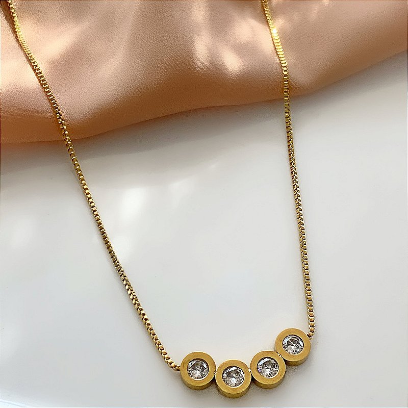 COLAR CORRENTE VENEZIANA 4 BOLINHAS PEDRAS ZIRCÔNIAS DOURADO AÇO 316L⭐️
