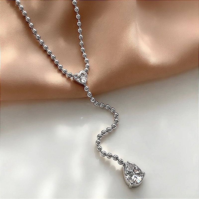 COLAR ESTILO GRAVATINHA BOLINHAS CORAÇÃO E GOTA ZIRCÔNIAS AÇO 316L⭐️